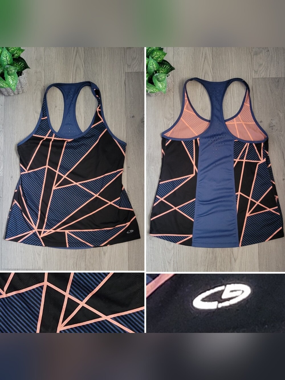 Champion DuoDry Geometric Neon Coral, Black, Dark Teal Athletic Racerback Medium